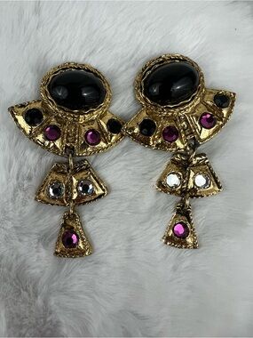 Vintage 80s Textured Gold Jeweled Drop Clip On Earrings